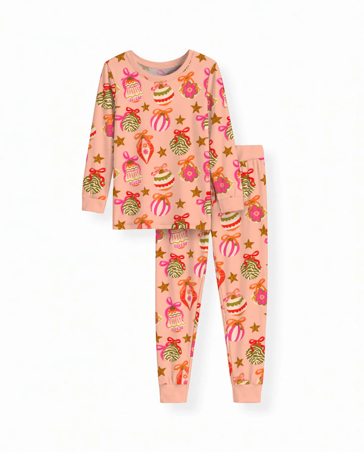 Retro Pink Christmas Ornaments Bamboo Two Piece Long Sleeve Pajama Set