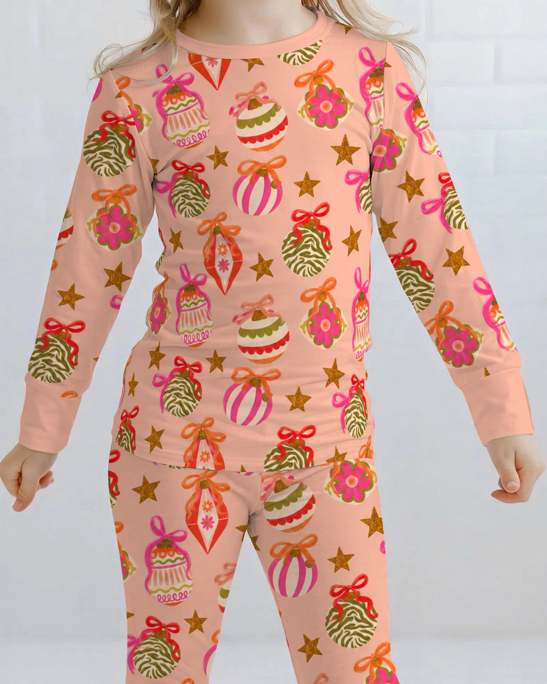 Retro Pink Christmas Ornaments Bamboo Two Piece Long Sleeve Pajama Set