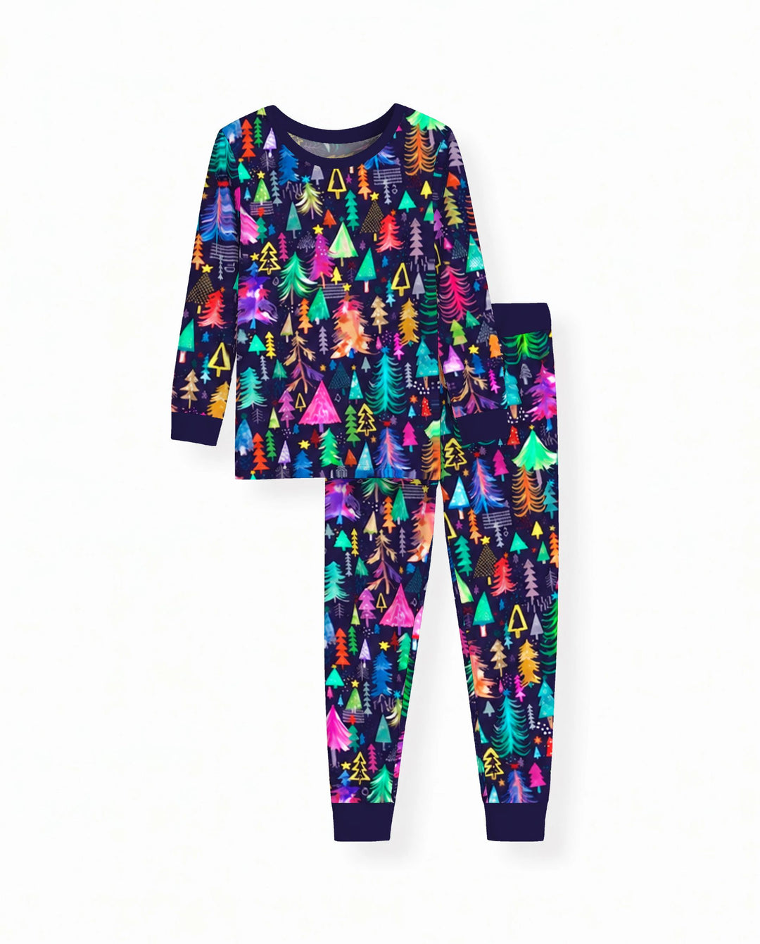 Neon Rainbow Christmas Tree Forest Bamboo Two Piece Long Sleeve Pajama Set