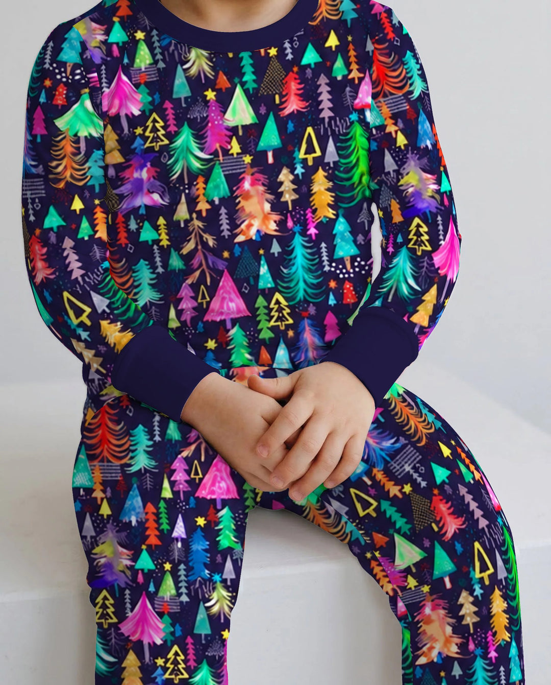 Neon Rainbow Christmas Tree Forest Bamboo Two Piece Long Sleeve Pajama Set