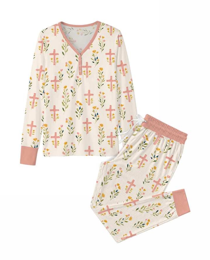 Pastel Floral Crosses Bamboo Women Pajama Set
