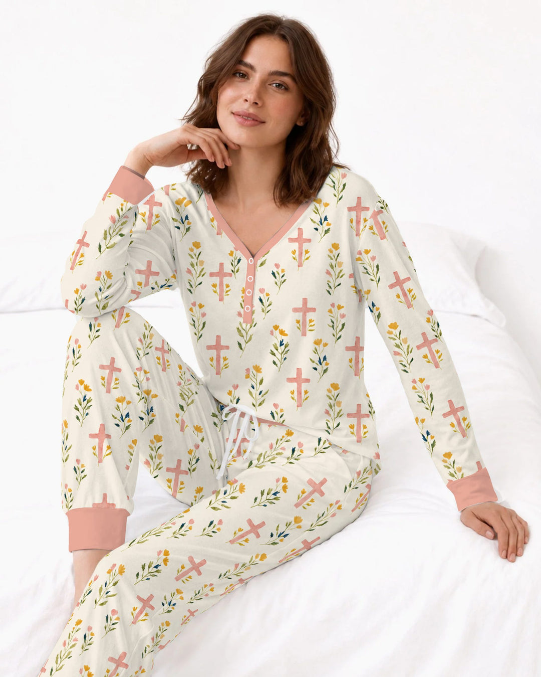 Pastel Floral Crosses Bamboo Women Pajama Set
