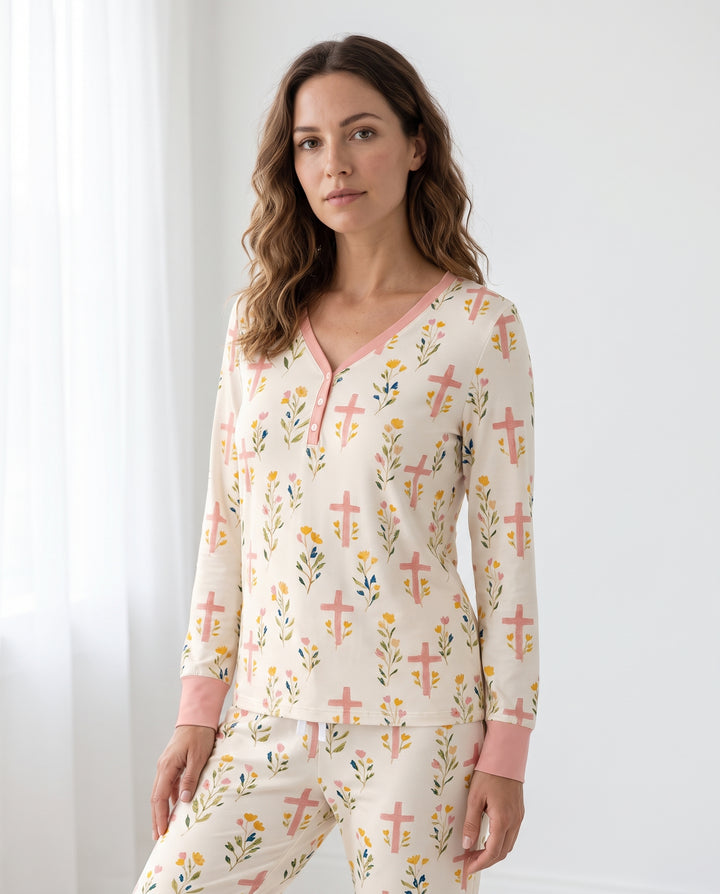Pastel Floral Crosses Bamboo Women Pajama Set