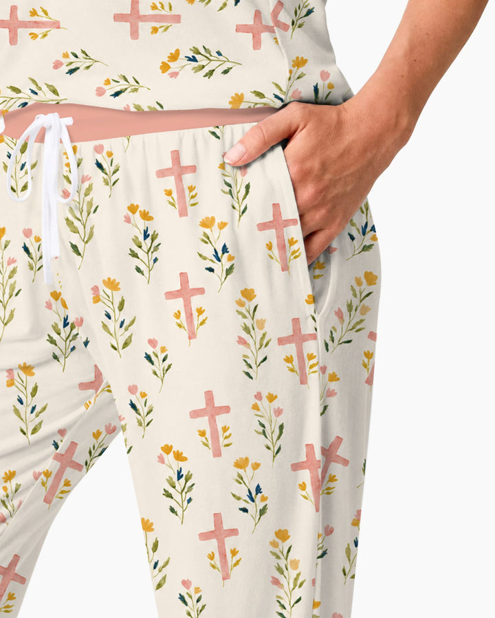 Pastel Floral Crosses Bamboo Women Pajama Set