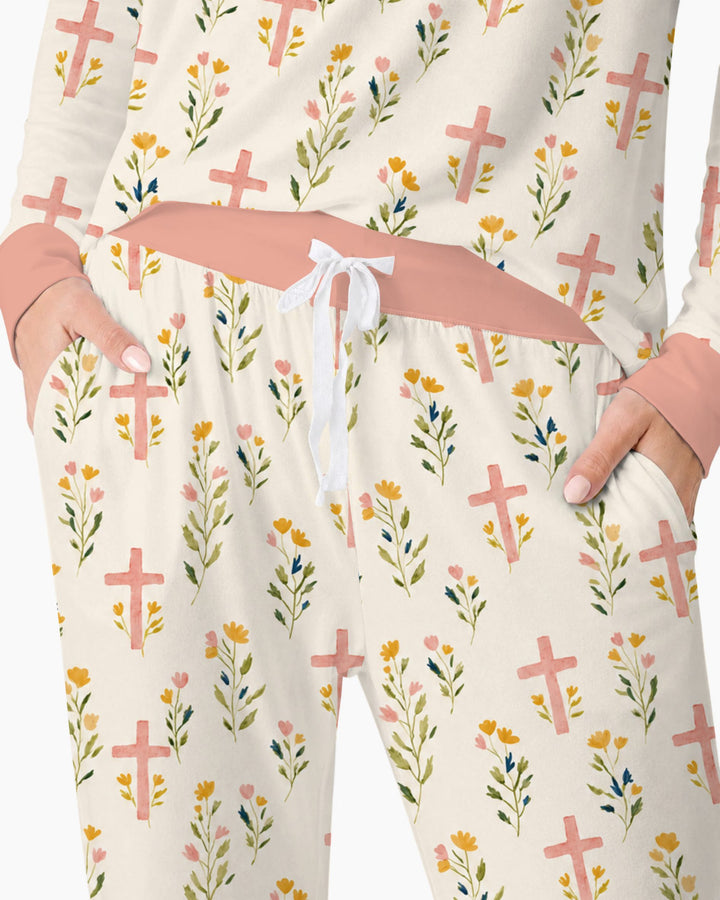 Pastel Floral Crosses Bamboo Women Pajama Set