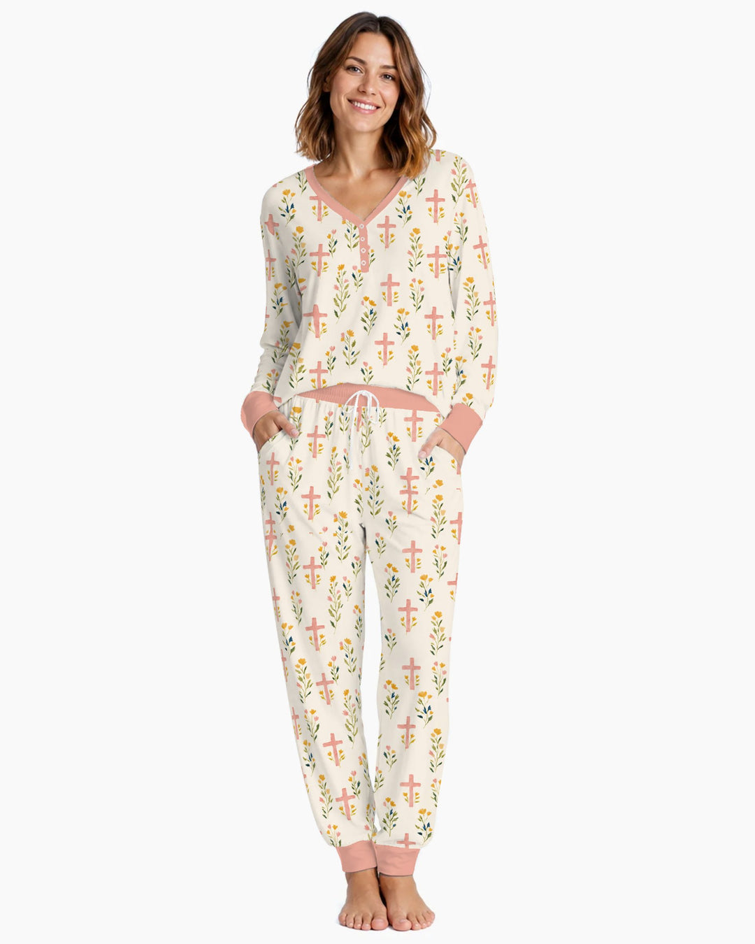 Pastel Floral Crosses Bamboo Women Pajama Set