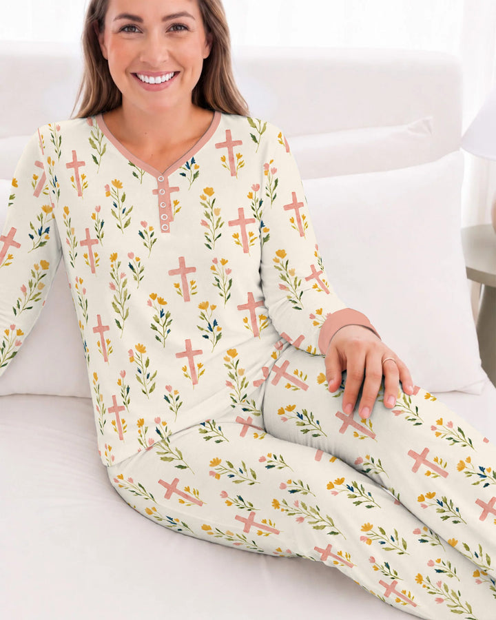 Pastel Floral Crosses Bamboo Women Pajama Set