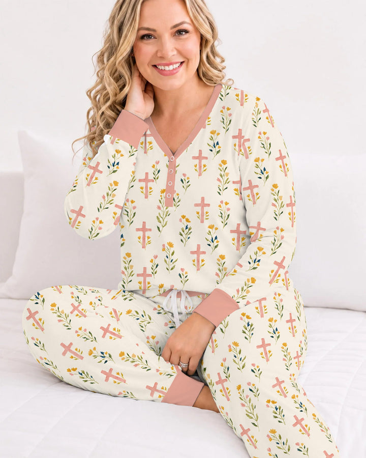 Pastel Floral Crosses Bamboo Women Pajama Set