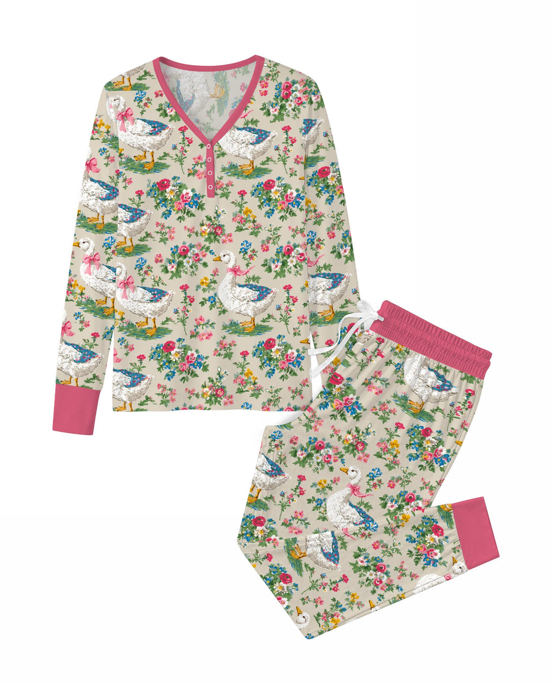 Vintage White Goose Floral Garden Bamboo Women Pajama Set