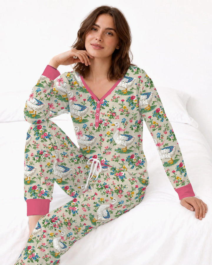 Vintage White Goose Floral Garden Bamboo Women Pajama Set