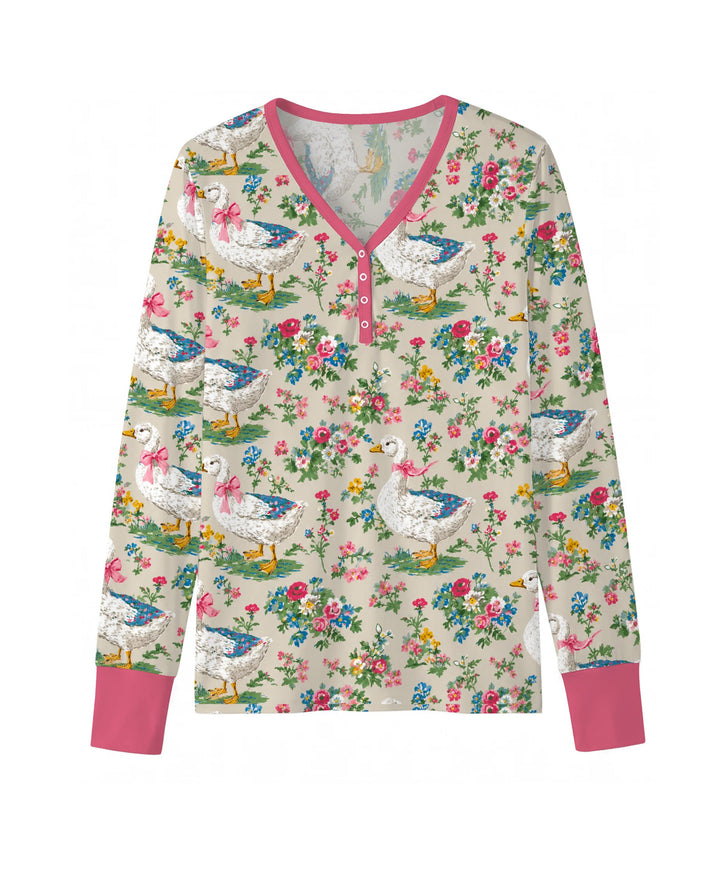 Vintage White Goose Floral Garden Bamboo Women Pajama Set