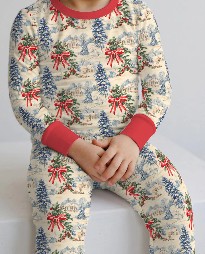 Vintage Snowy Christmas Countryside Bamboo Two Piece Long Sleeve Pajama Set