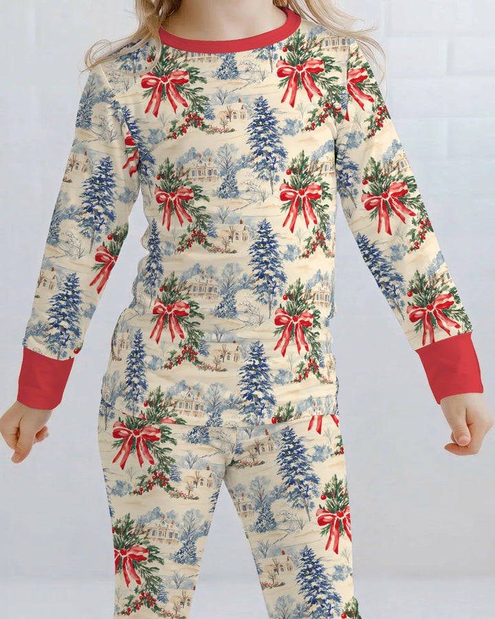 Vintage Snowy Christmas Countryside Bamboo Two Piece Long Sleeve Pajama Set