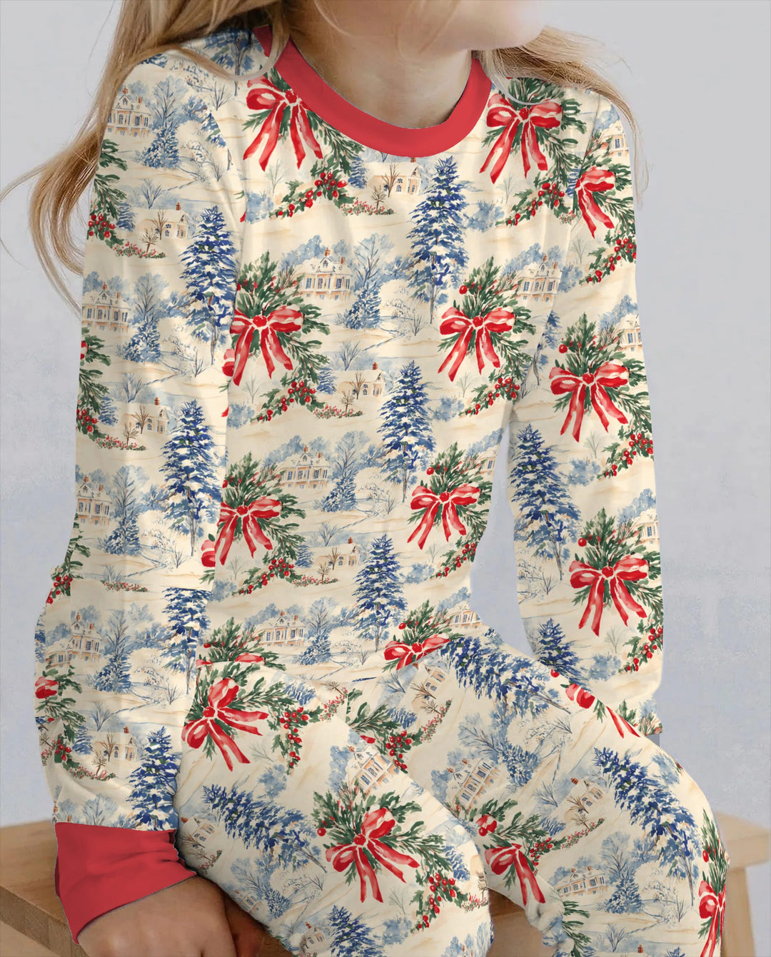 Vintage Snowy Christmas Countryside Bamboo Two Piece Long Sleeve Pajama Set