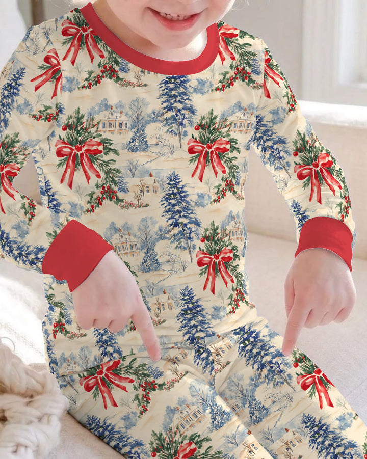 Vintage Snowy Christmas Countryside Bamboo Two Piece Long Sleeve Pajama Set