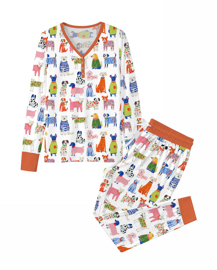 Colorful Christmas Sweater Dogs Bamboo Women Pajama Set