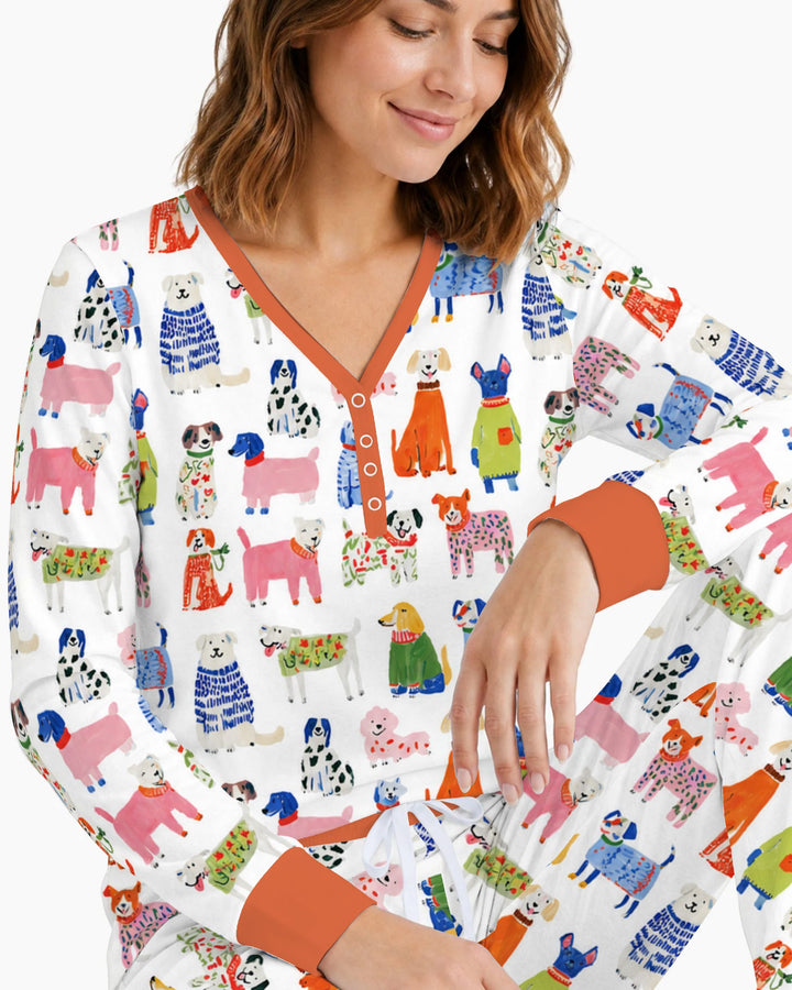 Colorful Christmas Sweater Dogs Bamboo Women Pajama Set