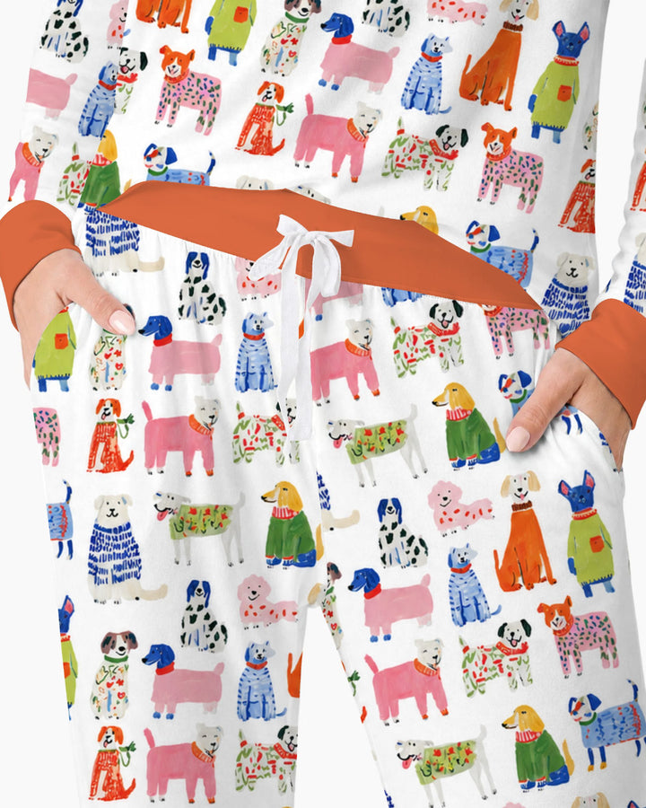 Colorful Christmas Sweater Dogs Bamboo Women Pajama Set