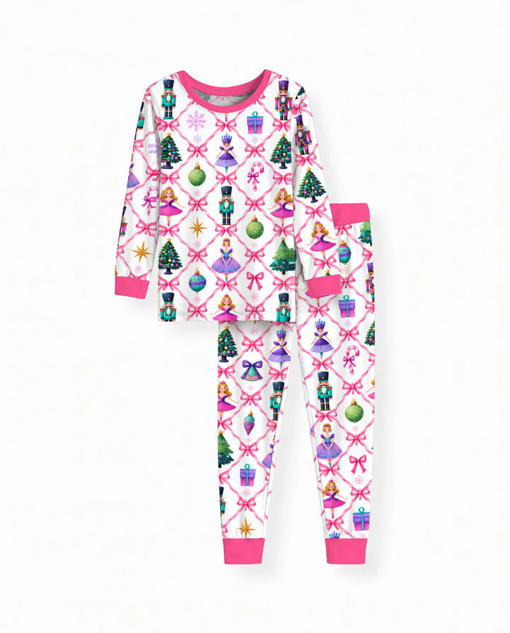 Sugar Plum Nutcracker Christmas Bow Lattice Bamboo Two Piece Long Sleeve Pajama Set