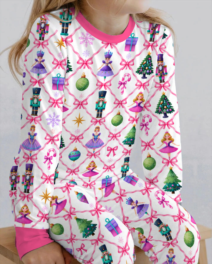 Sugar Plum Nutcracker Christmas Bow Lattice Bamboo Two Piece Long Sleeve Pajama Set