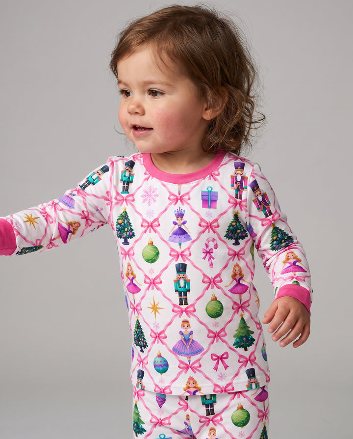 Sugar Plum Nutcracker Christmas Bow Lattice Bamboo Two Piece Long Sleeve Pajama Set