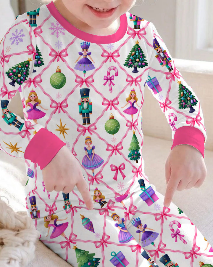 Sugar Plum Nutcracker Christmas Bow Lattice Bamboo Two Piece Long Sleeve Pajama Set