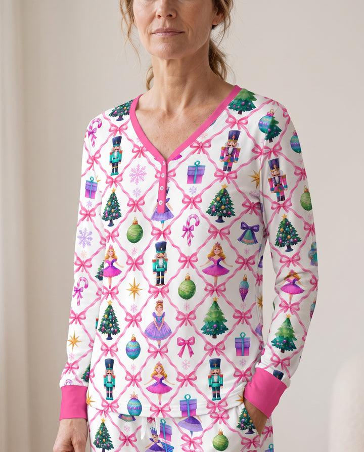 Sugar Plum Nutcracker Christmas Bow Lattice Bamboo Women Pajama Set