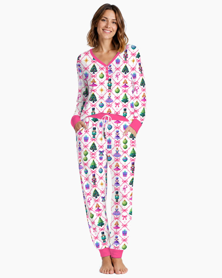 Sugar Plum Nutcracker Christmas Bow Lattice Bamboo Women Pajama Set