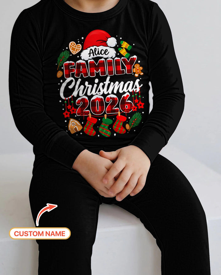 Custom Name Family Christmas 2026 Buffalo Plaid Bamboo Two Piece Long Sleeve Pajama Set
