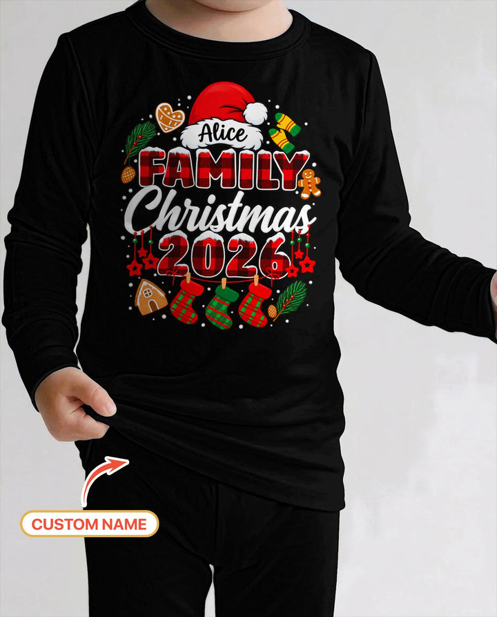 Custom Name Family Christmas 2026 Buffalo Plaid Bamboo Two Piece Long Sleeve Pajama Set