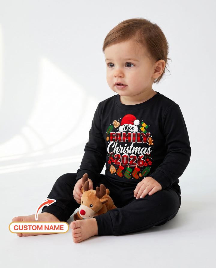 Custom Name Family Christmas 2026 Buffalo Plaid Bamboo Two Piece Long Sleeve Pajama Set