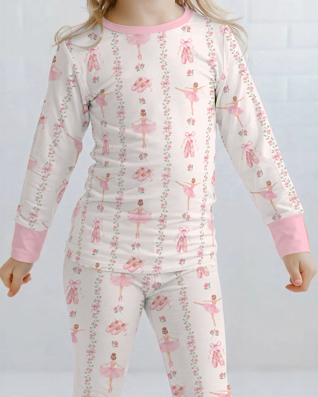 Pink Ballerina Rose Bow Stripe Bamboo Two Piece Long Sleeve Pajama Set