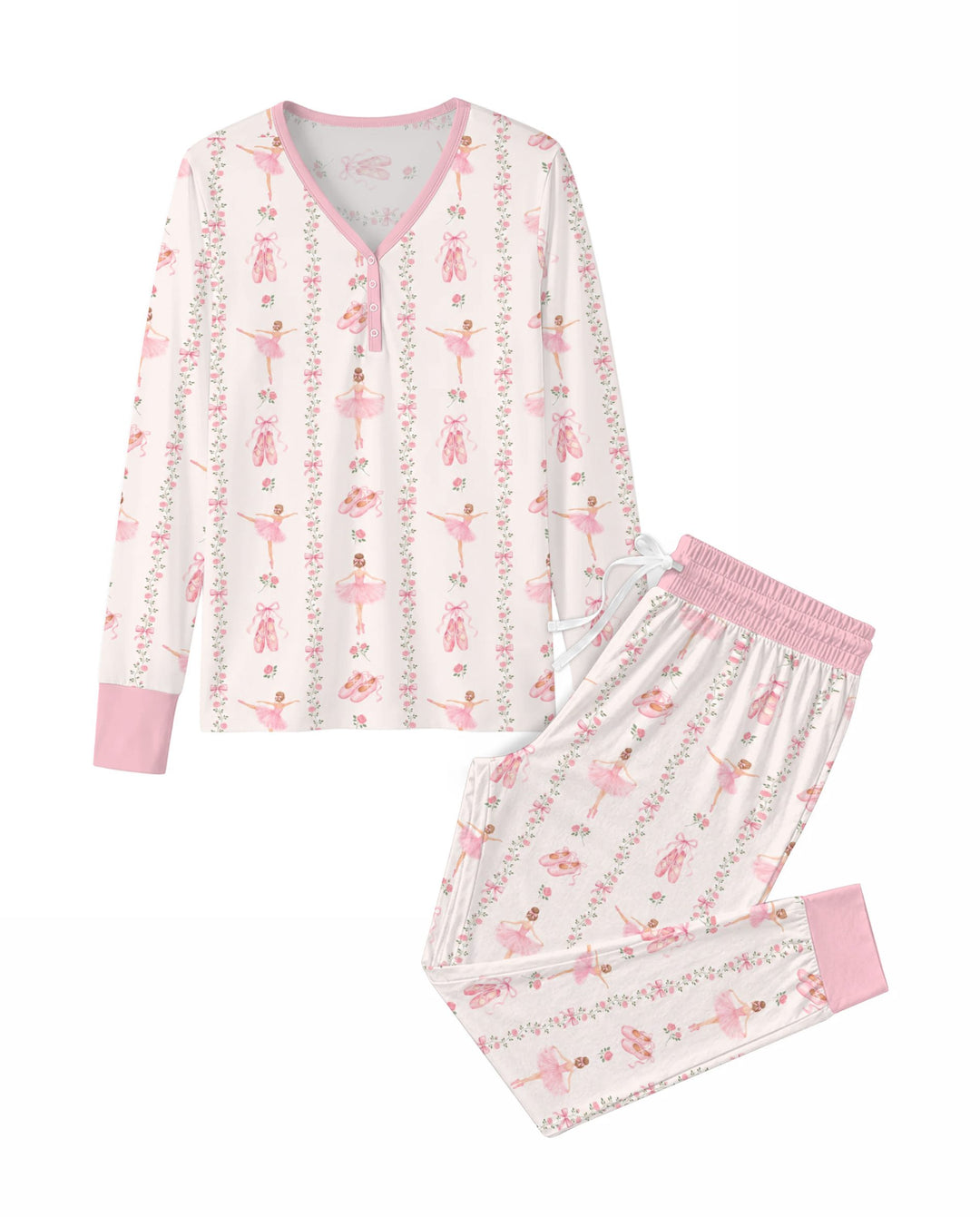 Pink Ballerina Rose Bow Stripe Bamboo Women Pajama Set