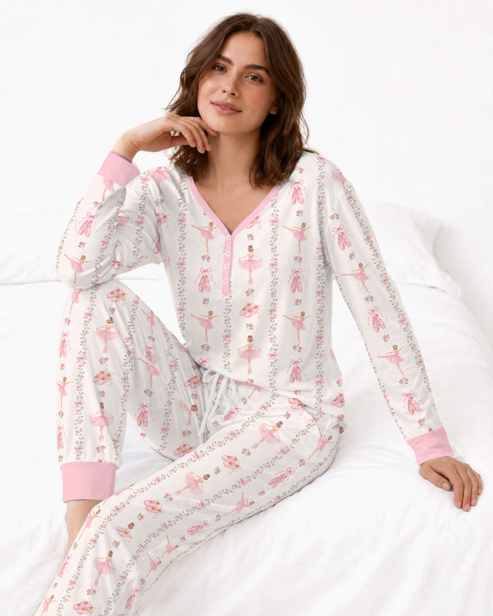 Pink Ballerina Rose Bow Stripe Bamboo Women Pajama Set