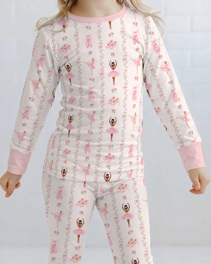 Black And Pink Ballerina Floral Ribbon Bamboo Two Piece Long Sleeve Pajama Set