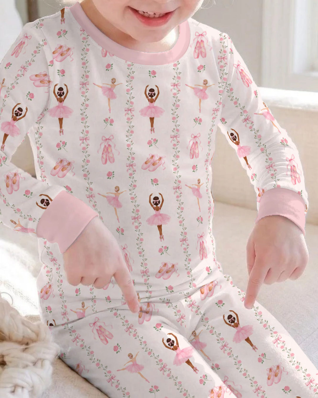 Black And Pink Ballerina Floral Ribbon Bamboo Two Piece Long Sleeve Pajama Set