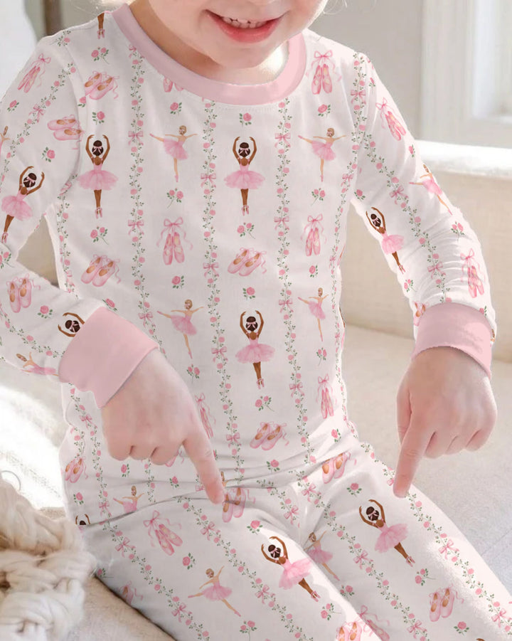 Black And Pink Ballerina Floral Ribbon Bamboo Two Piece Long Sleeve Pajama Set