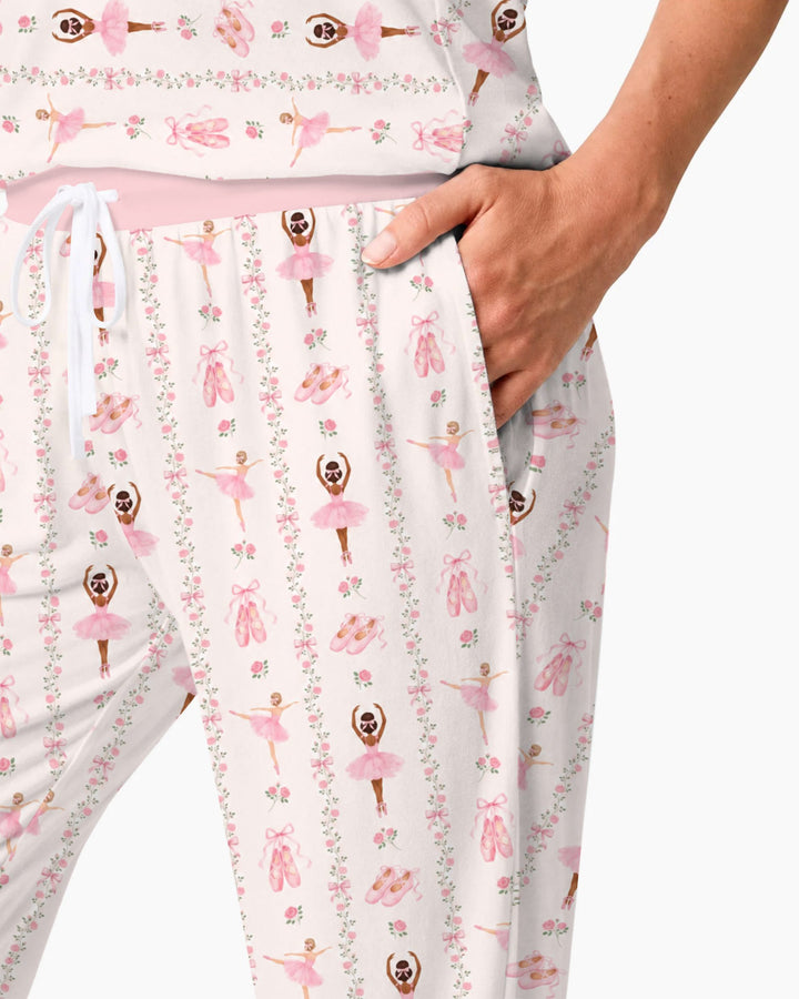 Black And Pink Ballerina Floral Ribbon Bamboo Women Pajama Set