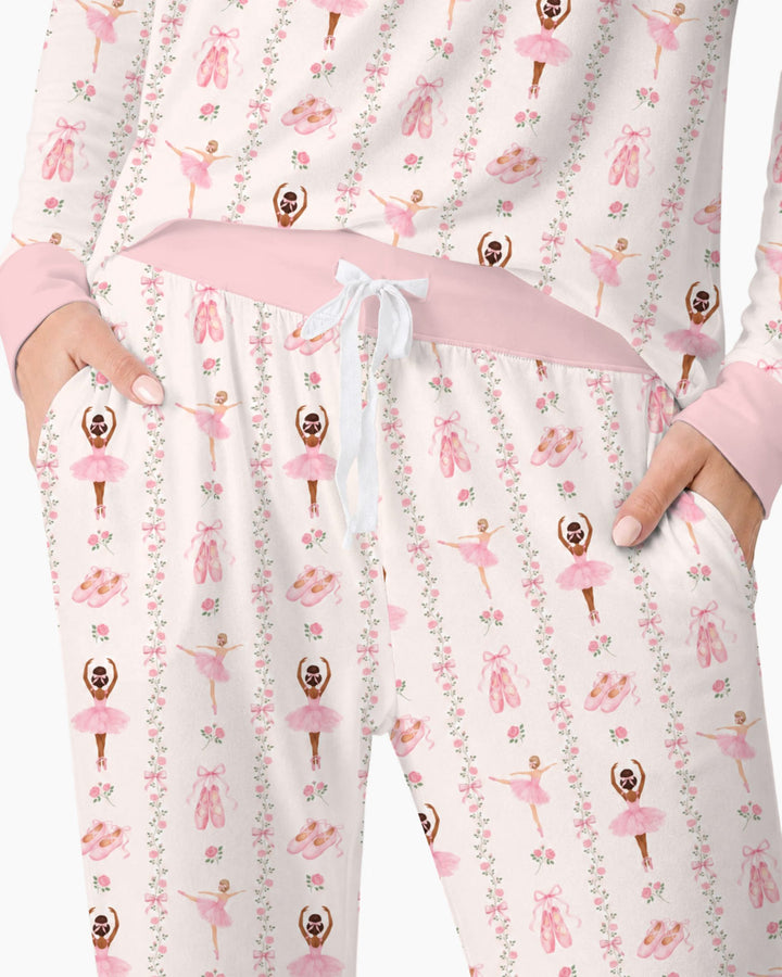 Black And Pink Ballerina Floral Ribbon Bamboo Women Pajama Set