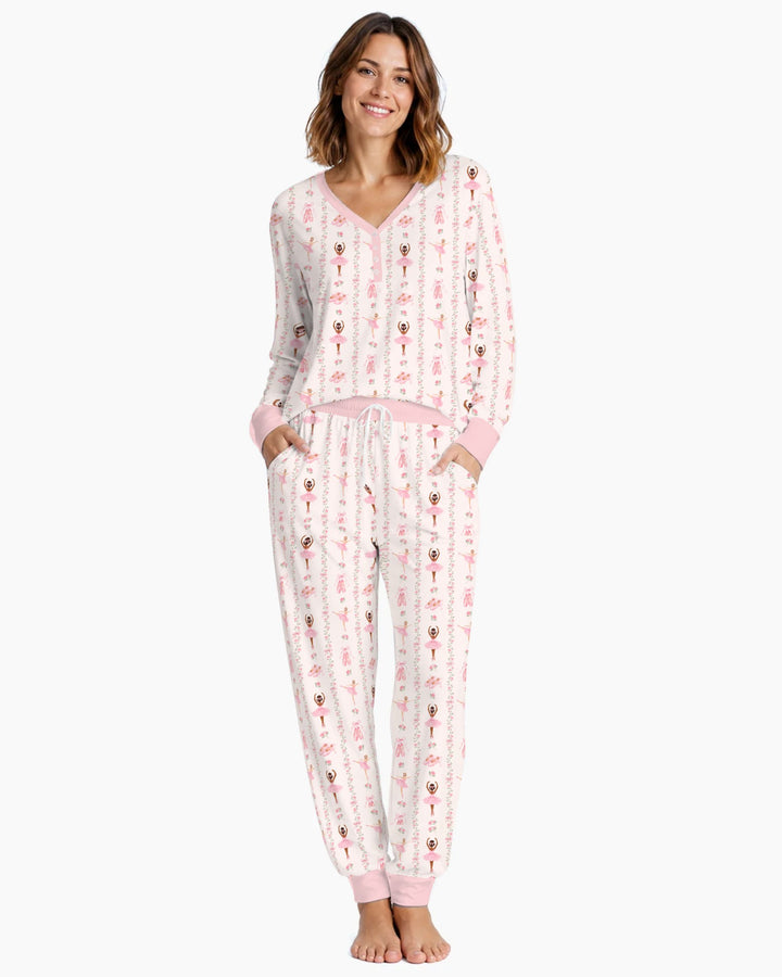 Black And Pink Ballerina Floral Ribbon Bamboo Women Pajama Set