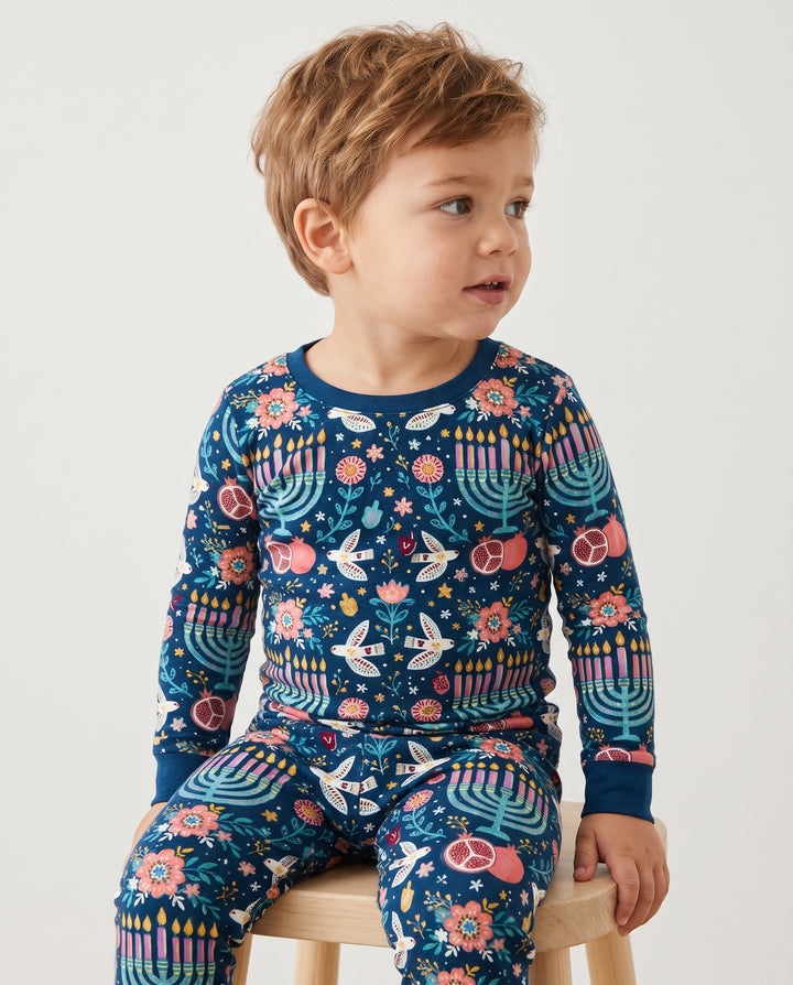 Colorful Folk Art Hanukkah Menorah Bamboo Two Piece Long Sleeve Pajama Set