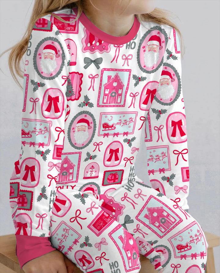 Pink Coquette Christmas Santa Bamboo Two Piece Long Sleeve Pajama Set