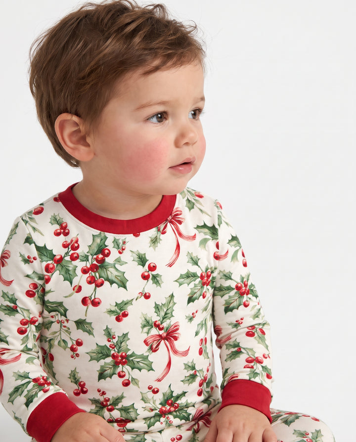 Christmas Holly Berry Ribbon Bamboo Two Piece Long Sleeve Pajama Set