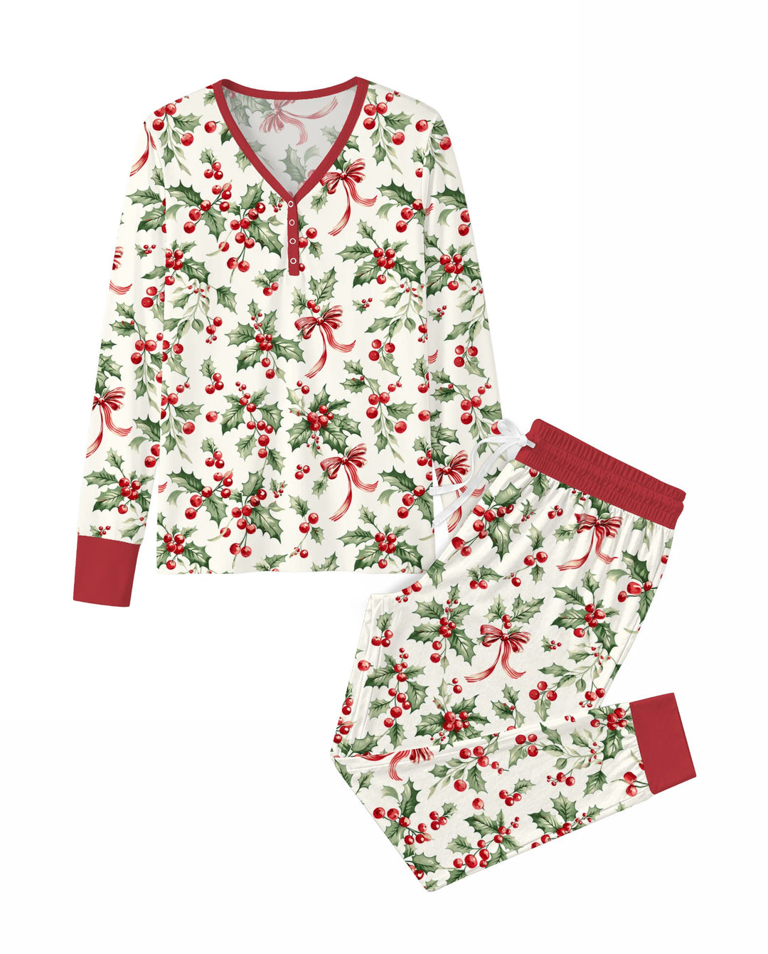 Christmas Holly Berry Ribbon Bamboo Women Pajama Set