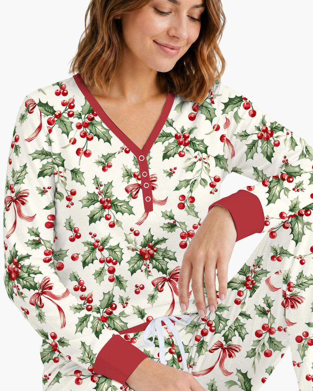 Christmas Holly Berry Ribbon Bamboo Women Pajama Set
