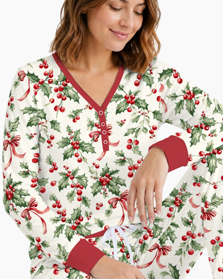 Christmas Holly Berry Ribbon Bamboo Women Pajama Set