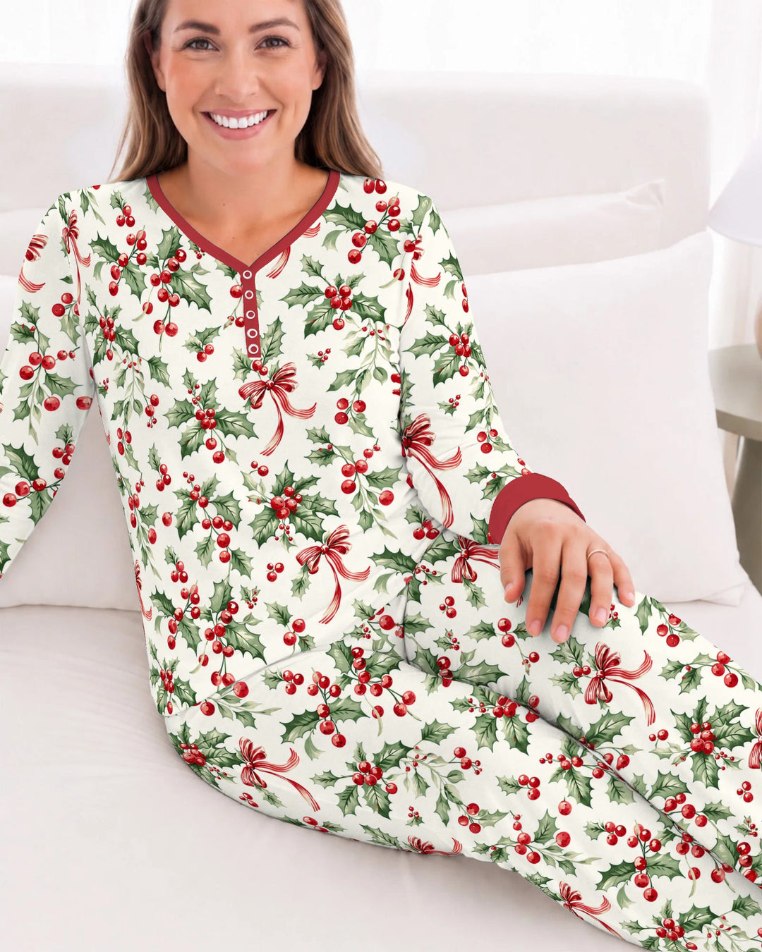 Christmas Holly Berry Ribbon Bamboo Women Pajama Set