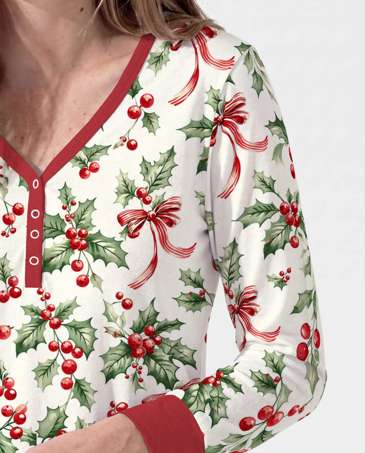 Christmas Holly Berry Ribbon Bamboo Women Pajama Set