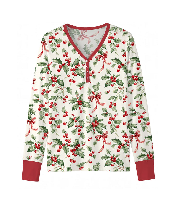 Christmas Holly Berry Ribbon Bamboo Women Pajama Set