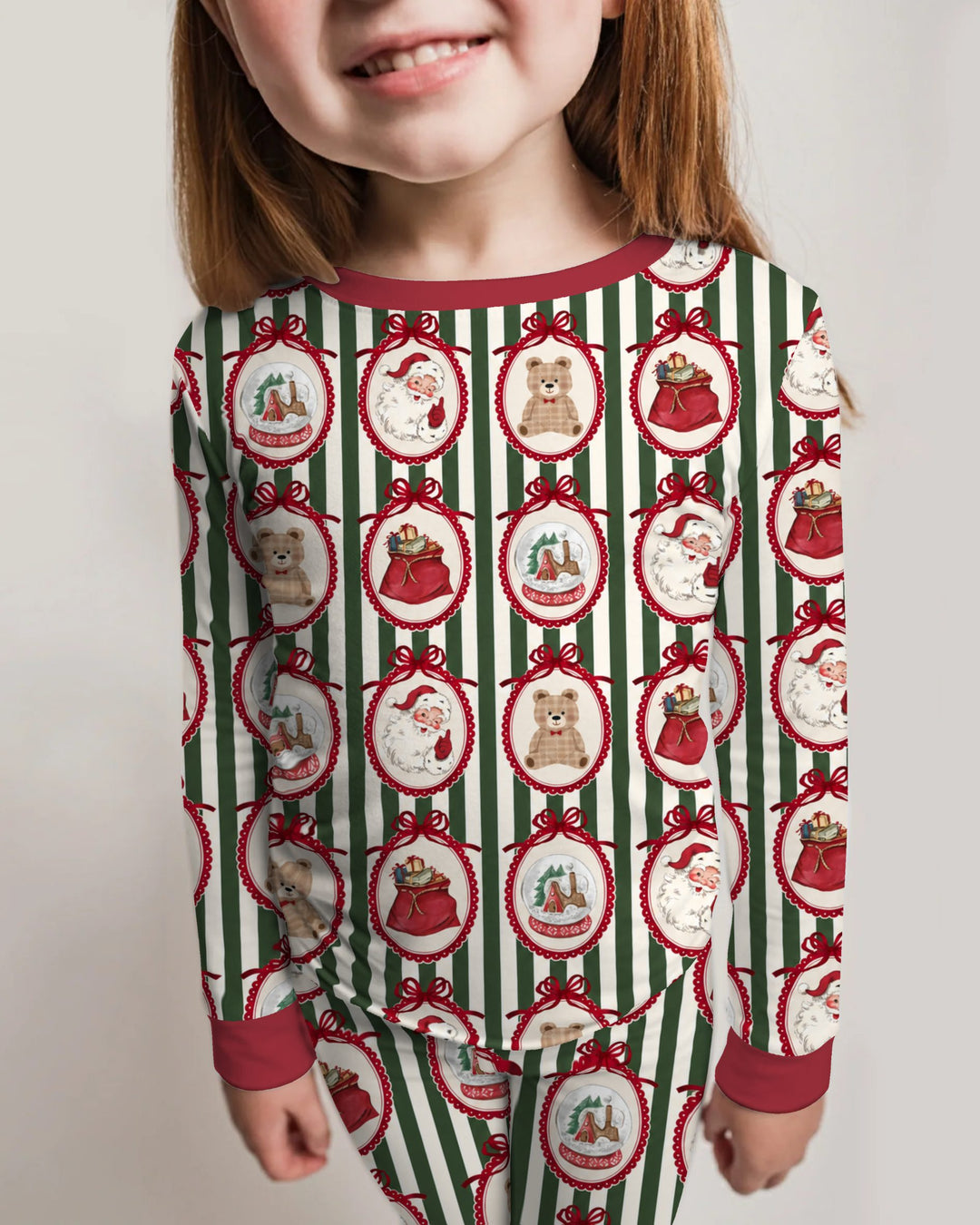 Vintage Christmas Ornament Stripe Bamboo Two Piece Long Sleeve Pajama Set